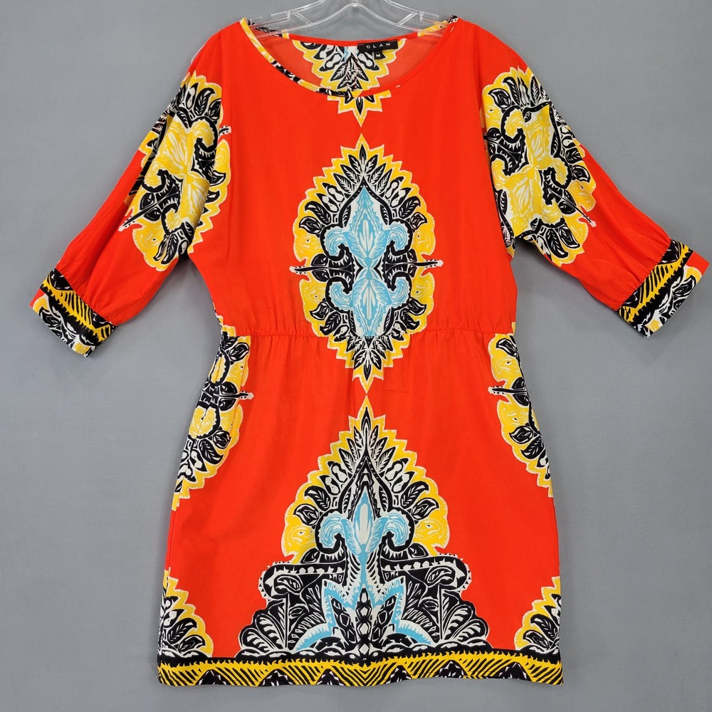 Glam Women Dress Size M Orange Midi Bold Boho 3/4 Sleeves Round Neck Slits Shift